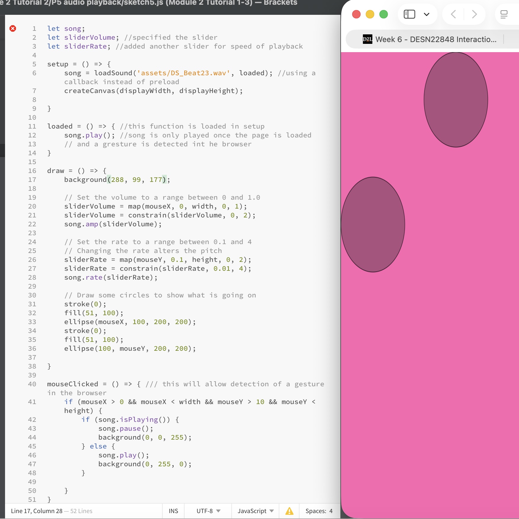 There are two ellipses on the given webpage and the volume of the audio can be adjusted by moving the mouse. I changed the background color to pink.