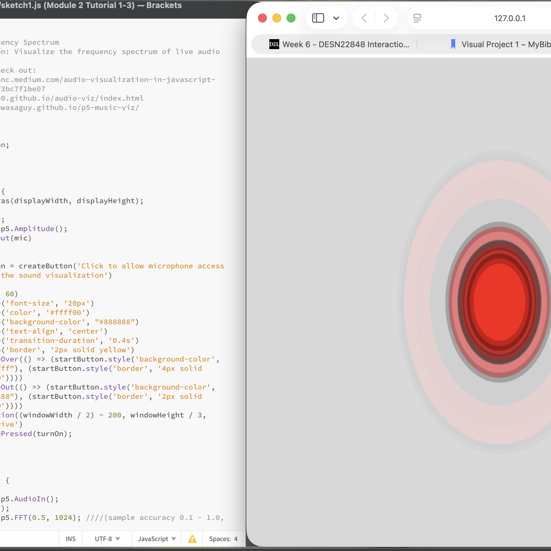 The tutorial shows a webpage that the circle can adjust its size according to the volume of the input sound.
