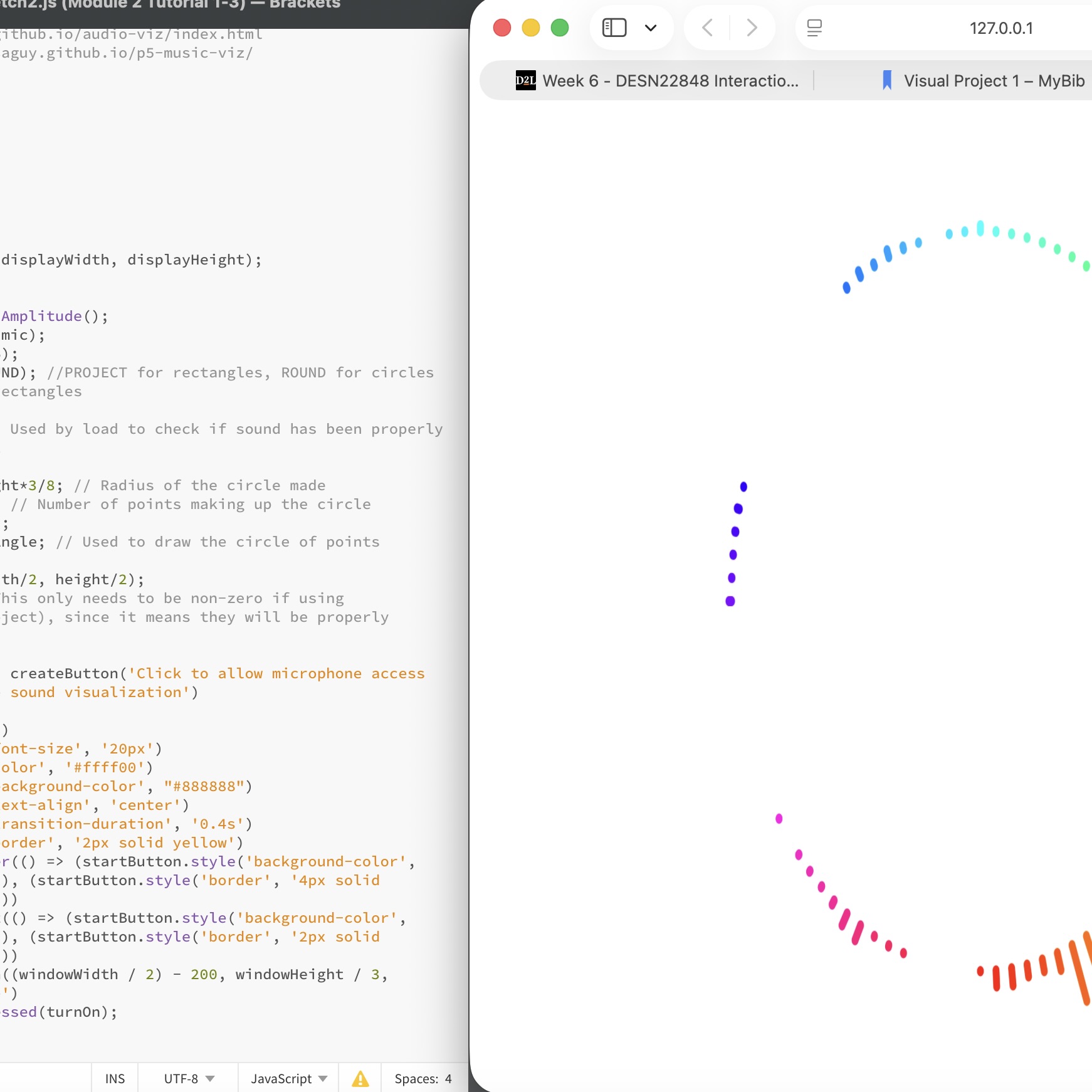 The tutorial shows a webpage that the volume and frequency of the input audio can be displayed on the circular ring.