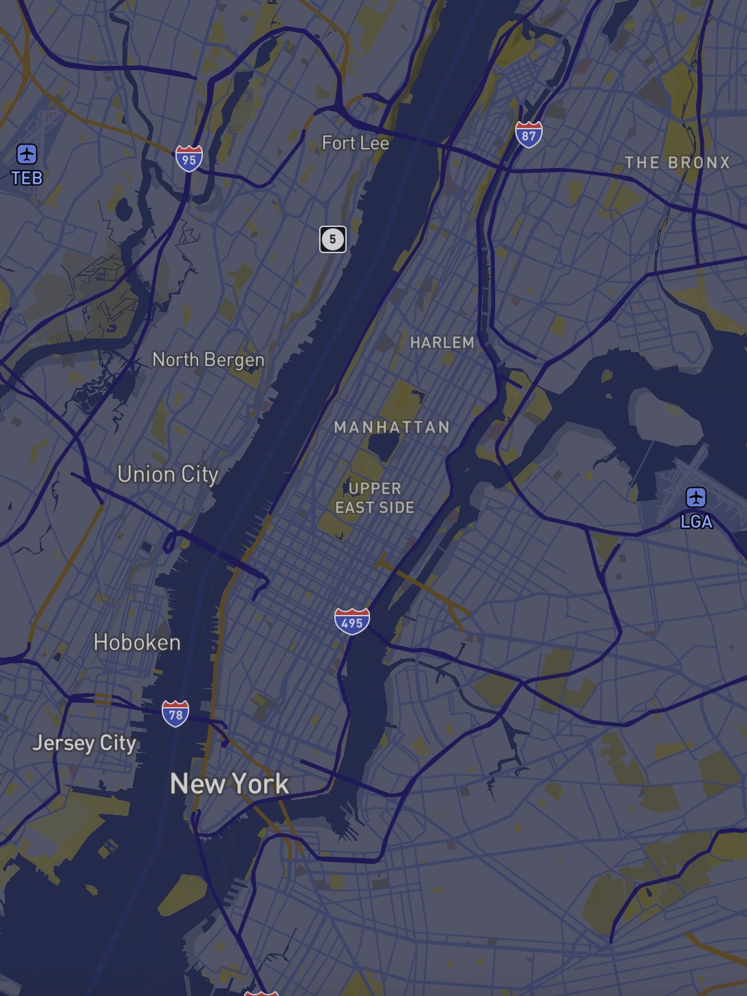 Experiment 2 in Mapbox: New York City. Use purple and gold color scheme because NY gives my a feeling of prosperity and infinite opportunities